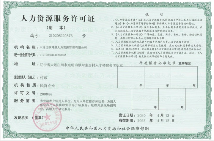 人力资源服务许可证原始照片